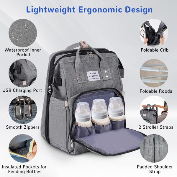 FEBFOXS Diaper Bag Backpack, Multifunction Waterproof Baby Diaper Bag, Large Capacity Foldable Crib Travel Bag with Changing Pad, USB Charging Port, Travel Back Pack for Moms Dads, Gray - 图片 5