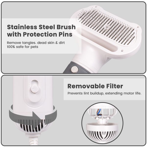 Pet Hair Dryer, 2 in 1 Dog Blow Dryer Pet Dryers Grooming with Slicker Brush with 2 Temperatures Settings, White - 图片 3