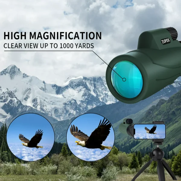 Monocular Telescope, High Powered Monocular for Adults with Smartphone Adapter & Tripod, BAK4 Prism Monocular with Clear Low Light Vision for Wildlife Hunting Camping Travelling - 图片 5