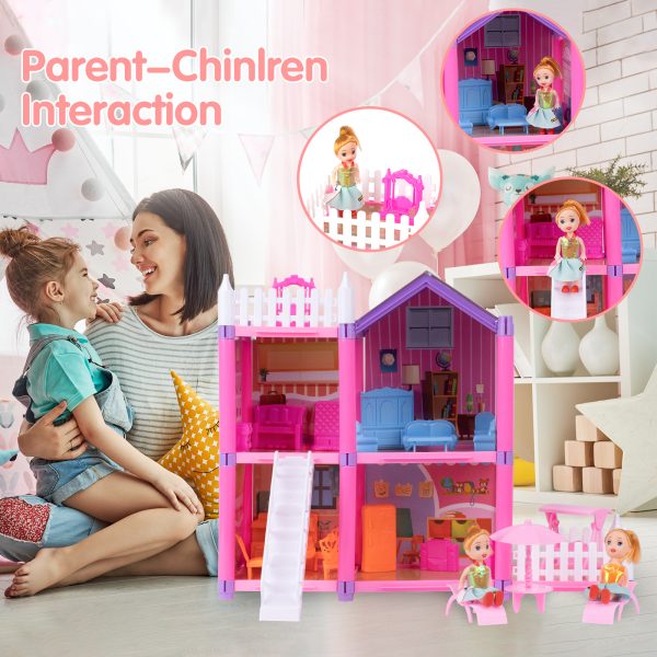 FEBFOXS Dollhouse, DIY Play Set with 2 Dolls, Furniture, Household Items and Gardening Tool Accessories, DIY Cottage Pretend Play Toy Doll House, Gift for Ages 3+, 4 Rooms - Image 2