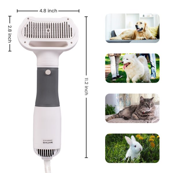 Pet Hair Dryer, 2 in 1 Dog Blow Dryer Pet Dryers Grooming with Slicker Brush with 2 Temperatures Settings, White - 图片 2