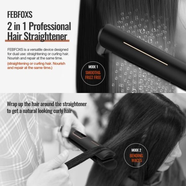 Febfoxs Professional Flat Iron 2 in 1 Hair Straightener & Curling Iron Styling Tool,5s Fast Heat 1" Ceramic Flat Iron,Adjustable Temp,LED Display,Black - Image 4