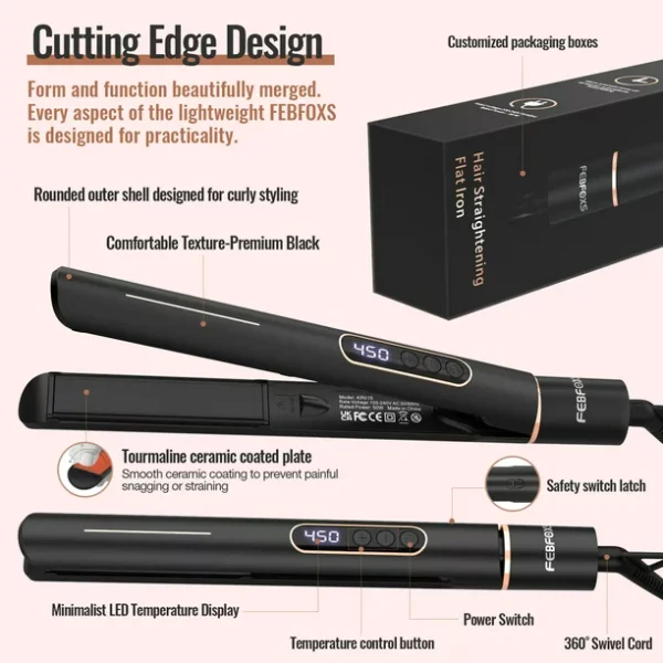 Febfoxs Professional Flat Iron 2 in 1 Hair Straightener & Curling Iron Styling Tool,5s Fast Heat 1" Ceramic Flat Iron,Adjustable Temp,LED Display,Black - Image 6