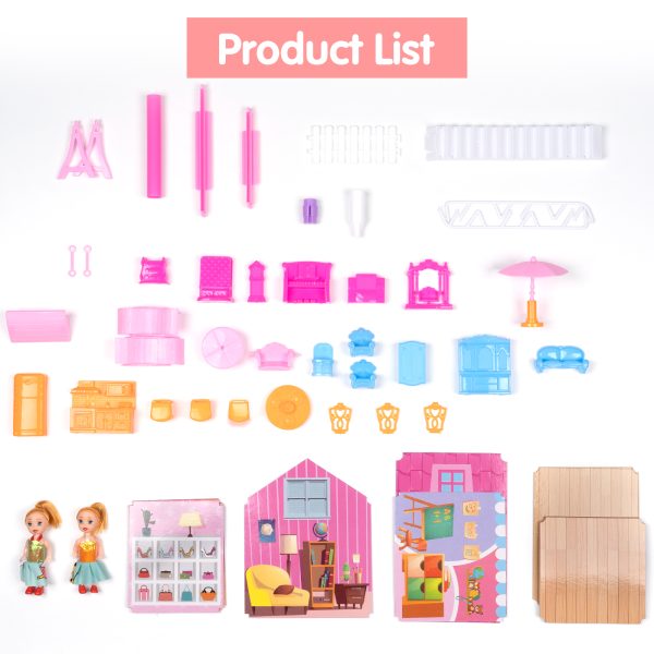 FEBFOXS Dollhouse, DIY Play Set with 2 Dolls, Furniture, Household Items and Gardening Tool Accessories, DIY Cottage Pretend Play Toy Doll House, Gift for Ages 3+, 4 Rooms - Image 7