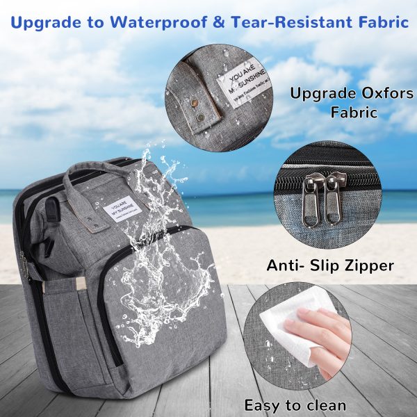 FEBFOXS Diaper Bag Backpack, Multifunction Waterproof Baby Diaper Bag, Large Capacity Foldable Crib Travel Bag with Changing Pad, USB Charging Port, Travel Back Pack for Moms Dads, Gray - 图片 4
