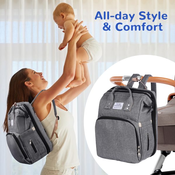FEBFOXS Diaper Bag Backpack, Multifunction Waterproof Baby Diaper Bag, Large Capacity Foldable Crib Travel Bag with Changing Pad, USB Charging Port, Travel Back Pack for Moms Dads, Gray - 图片 3