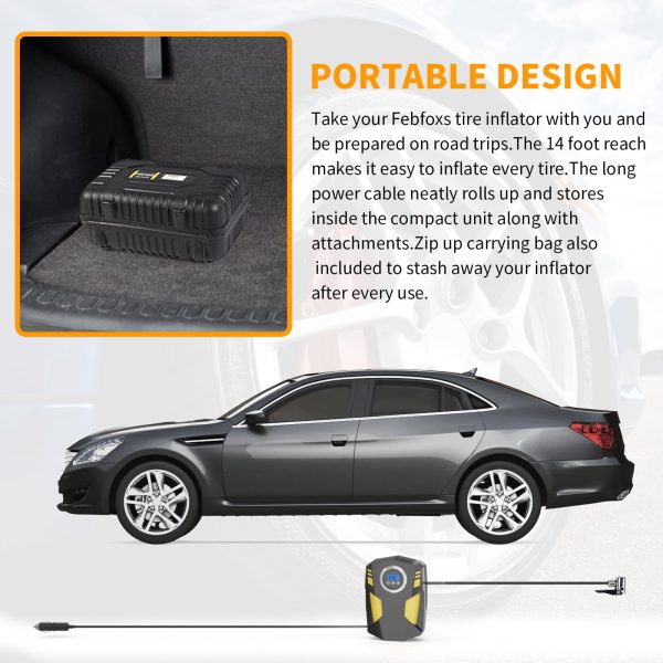 Upgrade FEBFOXS Tire Inflator Air Compressor, 12V Portable Car Air Pump with Digital Pressure Gauge, 150 PSI , Bright LED Light - 图片 3