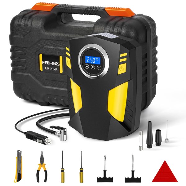 Upgrade FEBFOXS Tire Inflator Air Compressor, 12V Portable Car Air Pump with Digital Pressure Gauge, 150 PSI , Bright LED Light