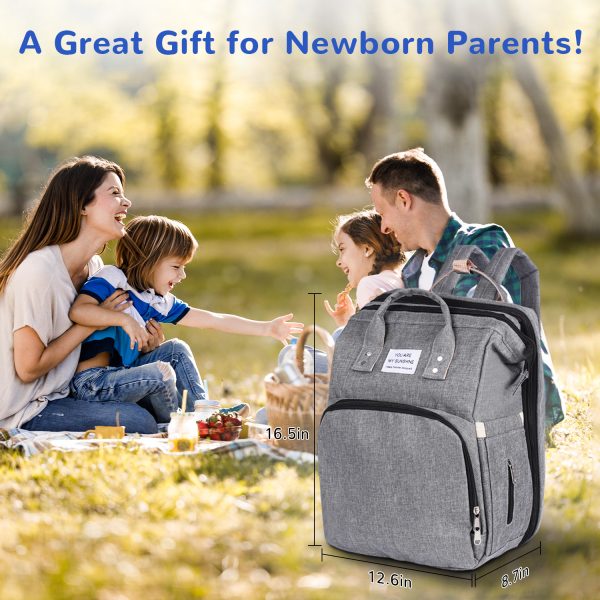 FEBFOXS Diaper Bag Backpack, Multifunction Waterproof Baby Diaper Bag, Large Capacity Foldable Crib Travel Bag with Changing Pad, USB Charging Port, Travel Back Pack for Moms Dads, Gray - 图片 2