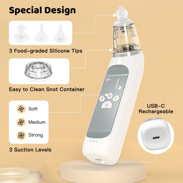 FEBFOXS Baby Nasal Aspirator, Baby Nose Sucker, Electric Nose Aspirator for Toddler, Automatic Baby Nose Cleaner with 3 Suction Level & Music & Light, White - 图片 2