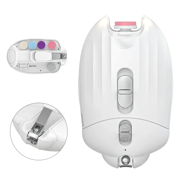 FEBFOXS Baby Nail Trimmer Electric, Safe Baby Nail Clippers, Baby Nail File Kit Manicure Set with Light and 6 Grinding Pads for Newborn Toddler or Adults, White