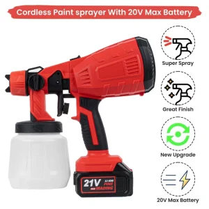 Cordless Paint Sprayer,  Electric HVLP Powerful Spray Gun with 3 Spray Patterns and Adjustable Valve Knob for Painting Ceiling, Fence, Cabinets