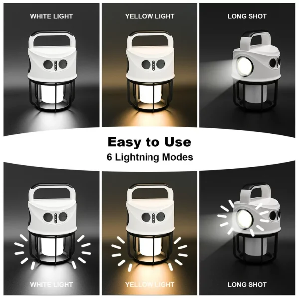 1000lm Camping Lantern, 6 Light Modes Camping Light LED Flashlight Lantern Hurricane for Emergency Outage，White - 图片 2