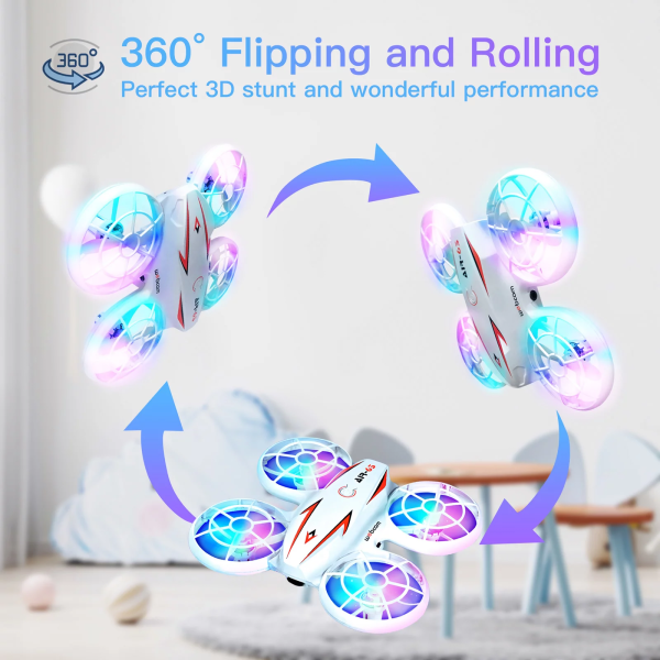 FEBFOXS Mini Toy Drone for Kids, RC Drone with Remote Control LED Lights, Toy Quadcopter Drone with Three Speeds, 360 Flip, Headless Mode and Automatic Obstacle Avoidance Mode, White - 图片 3