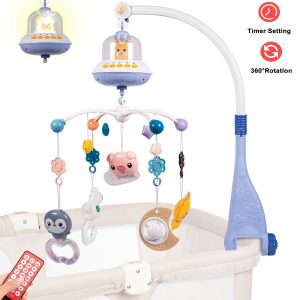 FEBFOXS Baby Crib Mobile with Music and Lights, Mobile for Crib with Remote Control, Timing Function, Rotation, Hanging Rotating Animals Rattles, Baby Crib Toys for Boys Girls, Blue