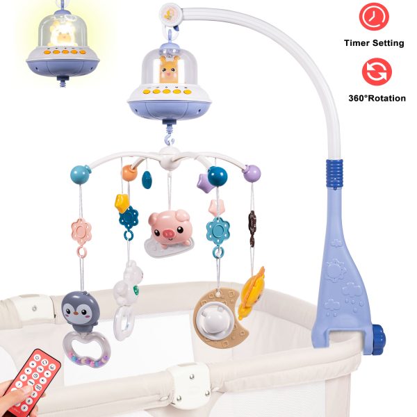 FEBFOXS Baby Crib Mobile with Music and Lights, Mobile for Crib with Remote Control, Timing Function, Rotation, Hanging Rotating Animals Rattles, Baby Crib Toys for Boys Girls, Blue