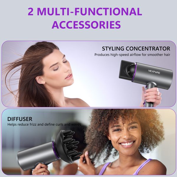 NEXPURE Professional Ionic Hair Dryer, 1800W Powerful Blow Dryer with Diffuser and Concentrator Attachments, Suitable for Home and Travel - 图片 2