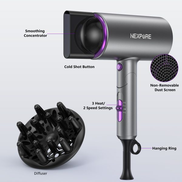 NEXPURE Professional Ionic Hair Dryer, 1800W Powerful Blow Dryer with Diffuser and Concentrator Attachments, Suitable for Home and Travel - 图片 3