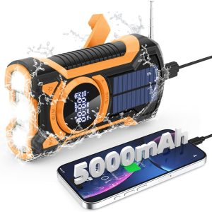 Emergency Weather Radio WB/AM/FM with 5000mAh Portable Power Bank, USB Solar Hand Crank Charging, Battery Operated, SOS Alarm & Flashlight for Indoor Outdoor Emergencies