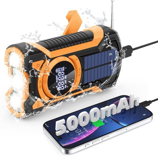Emergency Weather Radio WB/AM/FM with 5000mAh Portable Power Bank, USB Solar Hand Crank Charging, Battery Operated, SOS Alarm & Flashlight for Indoor Outdoor Emergencies
