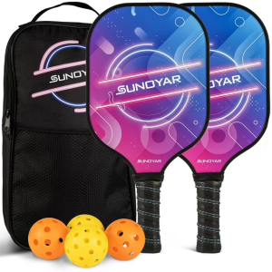 SUNOYAR Pickleball Paddles, Fiberglass Pickleball Paddles Set of 2, Lightweight Rackets Set with 4 Balls and 1 Bag Gifts for Beginners & Pros