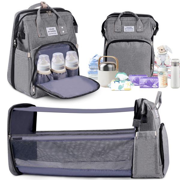 FEBFOXS Diaper Bag Backpack, Multifunction Waterproof Baby Diaper Bag, Large Capacity Foldable Crib Travel Bag with Changing Pad, USB Charging Port, Travel Back Pack for Moms Dads, Gray