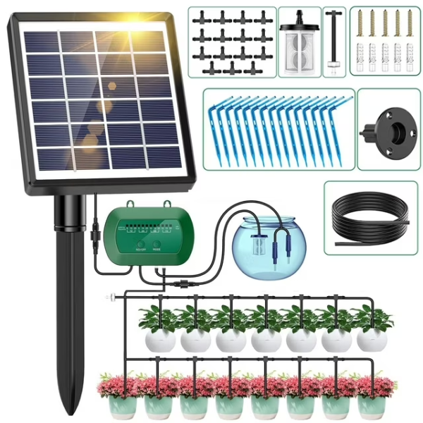 SUNOYAR Solar Drip Irrigation System, Automatic Drip Irrigation Kit with Sensor Timer 12 Timing Modes, for Garden Plant Watering Devices