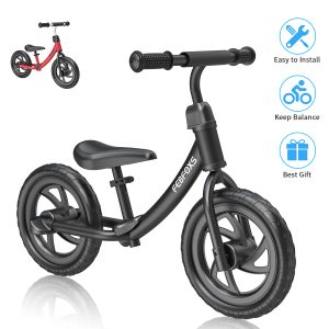 FEBFOXS Baby Balance Bike for Kids 18 Months to 5 Years - Includes Safety Pad, Padded Seat, Mini Grips & Flat-Free Tires - Tool-Free Assembly & Adjustments, Black