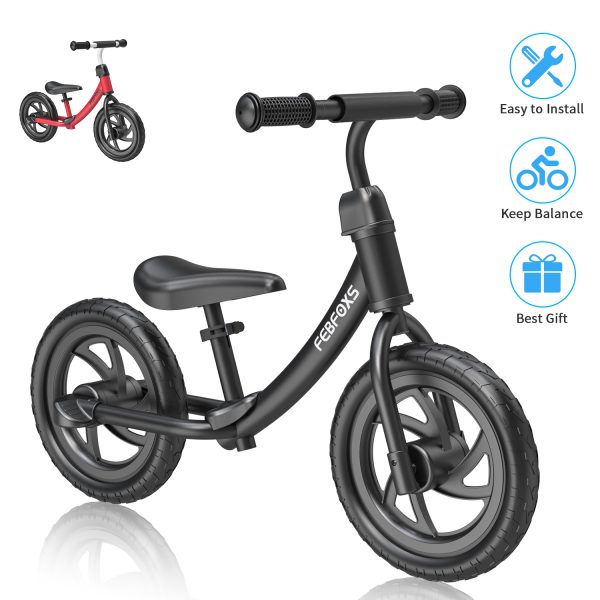 FEBFOXS Baby Balance Bike for Kids 18 Months to 5 Years - Includes Safety Pad, Padded Seat, Mini Grips & Flat-Free Tires - Tool-Free Assembly & Adjustments, Black