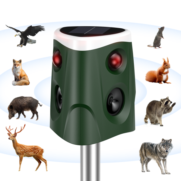 360° Animal Repellent Outdoor, Solar Powered Pest Repeller with IP66 Waterproof, PIR Sensor & LED Flashing Lights, Animal Repellent for Deer, Raccoon, Skunk, Rabbit, Mole, Dog, Cat