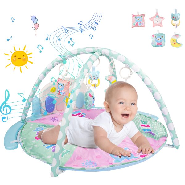 Febfoxs Baby Play Mat, 5 in 1 Thick Large Baby Gyms Play Mats Musical Activity Center, Play Piano Gym Tummy Time for Newborn Toddler and Infants, Blue and Pink