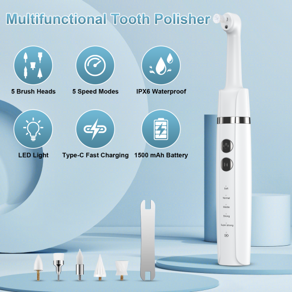 NEXPURE Tooth Polisher, Rechargeable Tooth Whitening Kit for Teeth Cleaning and Whitening, 5 Speeds, 5 Brush Heads,Gift for Women Men - Image 2