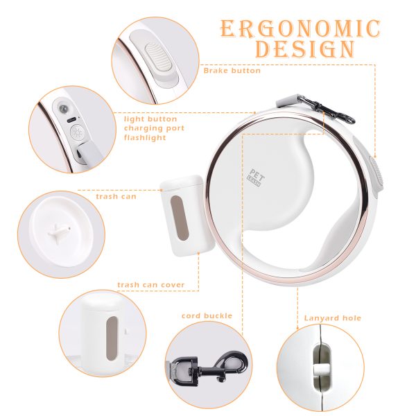 Retractable Dog Leash, 9.8ft Dog Leash with LED Light Rechargeable, Tangle-Free, One-Button Control,Removable Trash Can,Pet Leash for Small Medium Dogs up to 60lbs - 图片 2