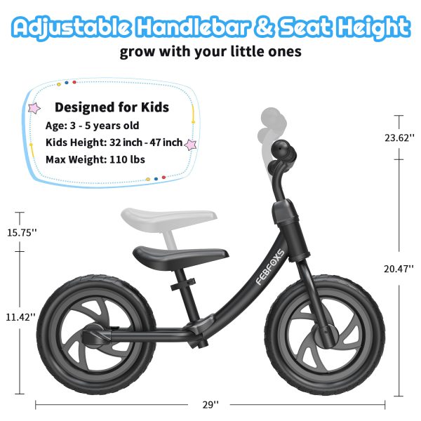 FEBFOXS Baby Balance Bike for Kids 18 Months to 5 Years - Includes Safety Pad, Padded Seat, Mini Grips & Flat-Free Tires - Tool-Free Assembly & Adjustments, Black - 图片 8