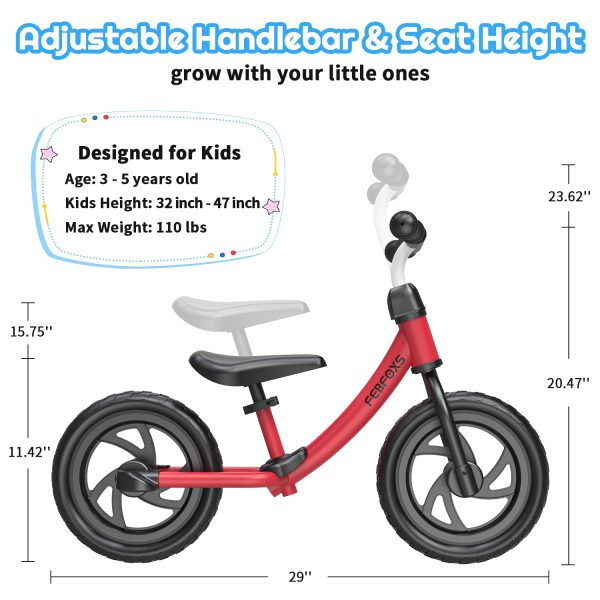 FEBFOXS Baby Balance Bike for Kids 1 - 5 Years old, Includes Safety Pad, Padded Seat, Mini Grips & Flat-Free Tires - Tool-Free Assembly & Adjustments, Red - 图片 8