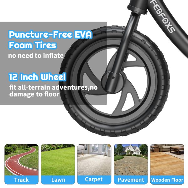 FEBFOXS Baby Balance Bike for Kids 18 Months to 5 Years - Includes Safety Pad, Padded Seat, Mini Grips & Flat-Free Tires - Tool-Free Assembly & Adjustments, Black - 图片 7