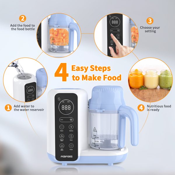 FEBFOXS Baby Food Maker, Multi-Function Baby Food Processor, Steamer Puree Blender, Auto Cooking & Grinding, Baby Food Warmer Mills Machine with Touch Screen Control, Blue - 图片 6