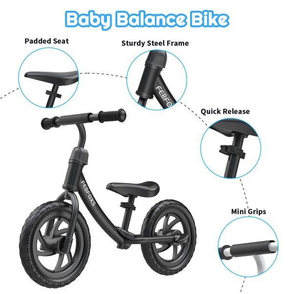 FEBFOXS Baby Balance Bike for Kids 18 Months to 5 Years - Includes Safety Pad, Padded Seat, Mini Grips & Flat-Free Tires - Tool-Free Assembly & Adjustments, Black - 图片 6