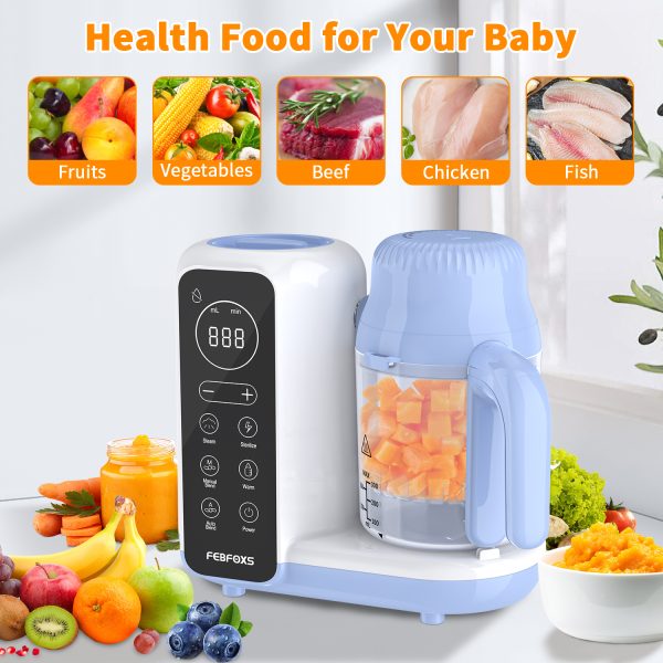 FEBFOXS Baby Food Maker, Multi-Function Baby Food Processor, Steamer Puree Blender, Auto Cooking & Grinding, Baby Food Warmer Mills Machine with Touch Screen Control, Blue - 图片 5