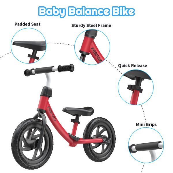 FEBFOXS Baby Balance Bike for Kids 1 - 5 Years old, Includes Safety Pad, Padded Seat, Mini Grips & Flat-Free Tires - Tool-Free Assembly & Adjustments, Red - 图片 6
