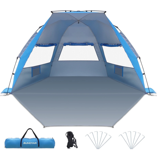 SUNOYAR Beach Tent for 4-6 Person, UPF 50+ UV Protection Pop Up Beach Tent Sun Shelter, Lightweight Waterproof Sunshade Canopy with Extendable for Camping, Hiking ,Outdoor, Bule