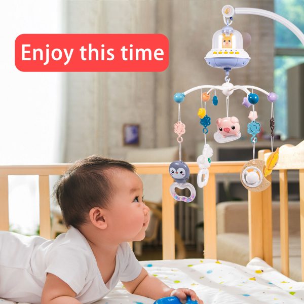 FEBFOXS Baby Crib Mobile with Music and Lights, Mobile for Crib with Remote Control, Timing Function, Rotation, Hanging Rotating Animals Rattles, Baby Crib Toys for Boys Girls, Blue - 图片 3