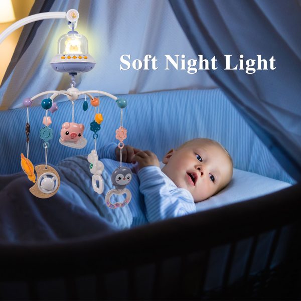 FEBFOXS Baby Crib Mobile with Music and Lights, Mobile for Crib with Remote Control, Timing Function, Rotation, Hanging Rotating Animals Rattles, Baby Crib Toys for Boys Girls, Blue - 图片 2
